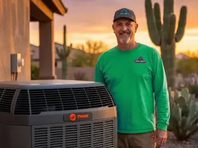 Local Roots HVAC technician next to Trane AC unit with Arizona sunset