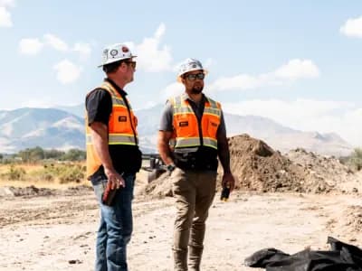MC Green Employees standing, talking at job site, orange safety vests, white hard hats, mountains in background
