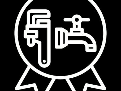 Plumbing symbol with wrench and faucet.