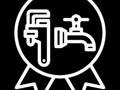 Plumbing symbol with wrench and faucet.