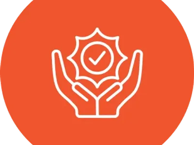 Hands holding checkmark symbol on orange background.