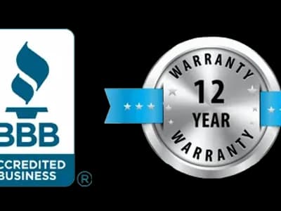 Energy efficiency and warranty trust seals for Nespolo Mechanical HVAC services, including PNM Authorized Contractor, BBB Accredited Business, 12-Year Warranty, and 100% Satisfaction Guaranteed.