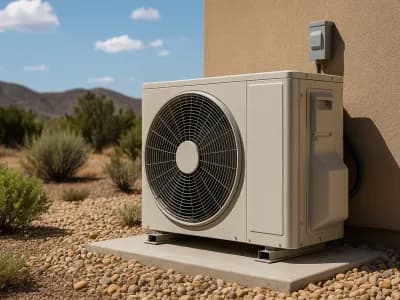 Heat pump unit installed outdoors, surrounded by desert landscape, highlighting energy-efficient HVAC solutions from Nespolo Mechanical.