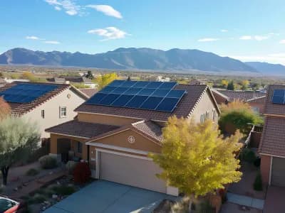 Solar-powered homes with photovoltaic panels in Albuquerque, NM, showcasing sustainable energy solutions against a mountainous backdrop.