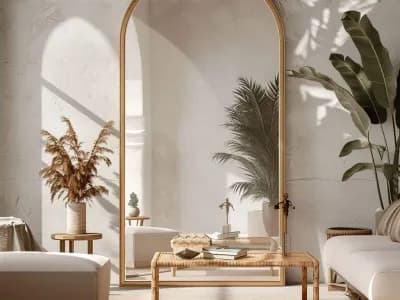Golden Arched Mirror in a Sunlit Bohemian Living Room