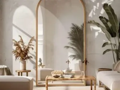 Golden Arched Mirror in a Sunlit Bohemian Living Room