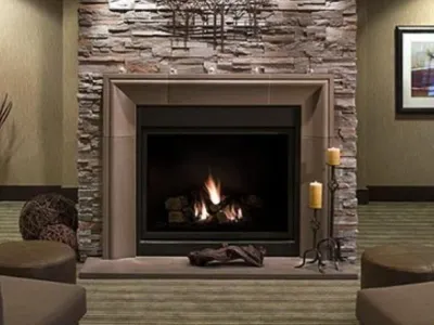 stacked stone fireplace